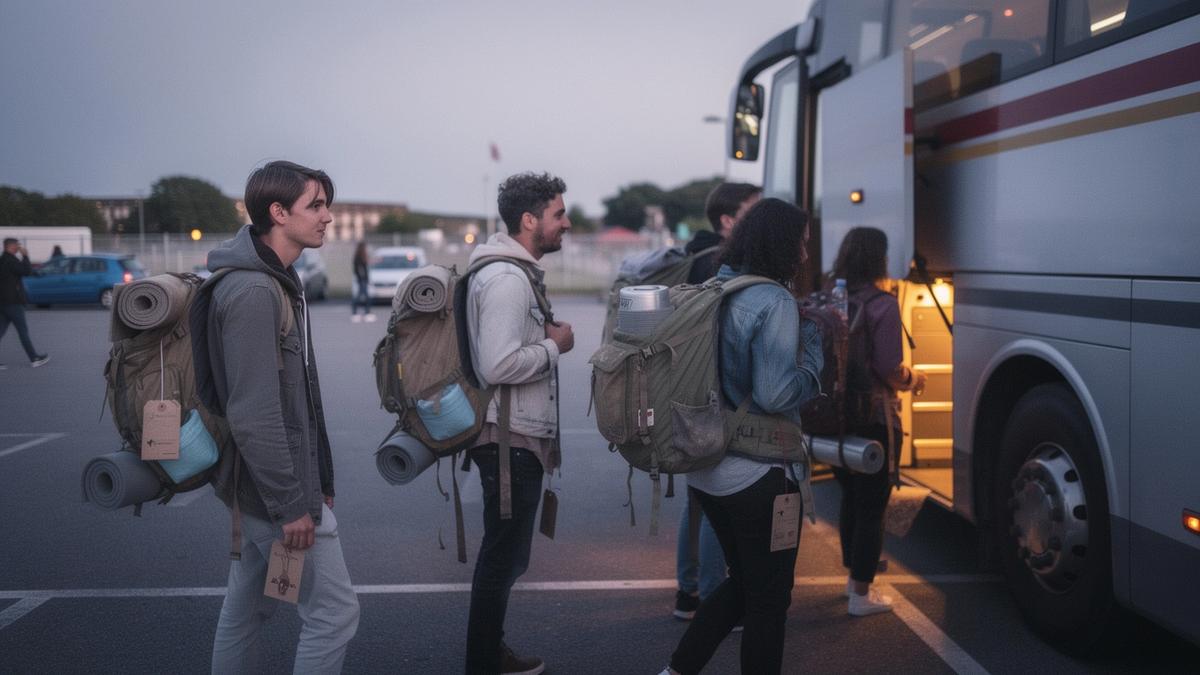 Young travellers with backpacks boarding a coach at dusk before a festival transfer